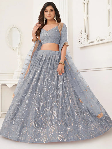 Excellent Grey Thread Work Net Bridesmaid Lehenga Choli With Dupatta